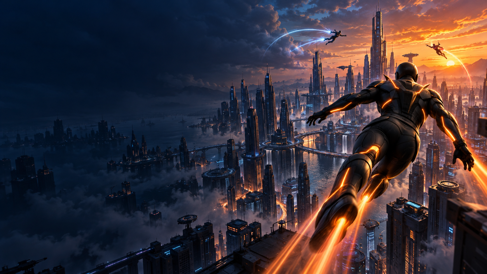Skyborn concept art: a flying superhero above a city skyline